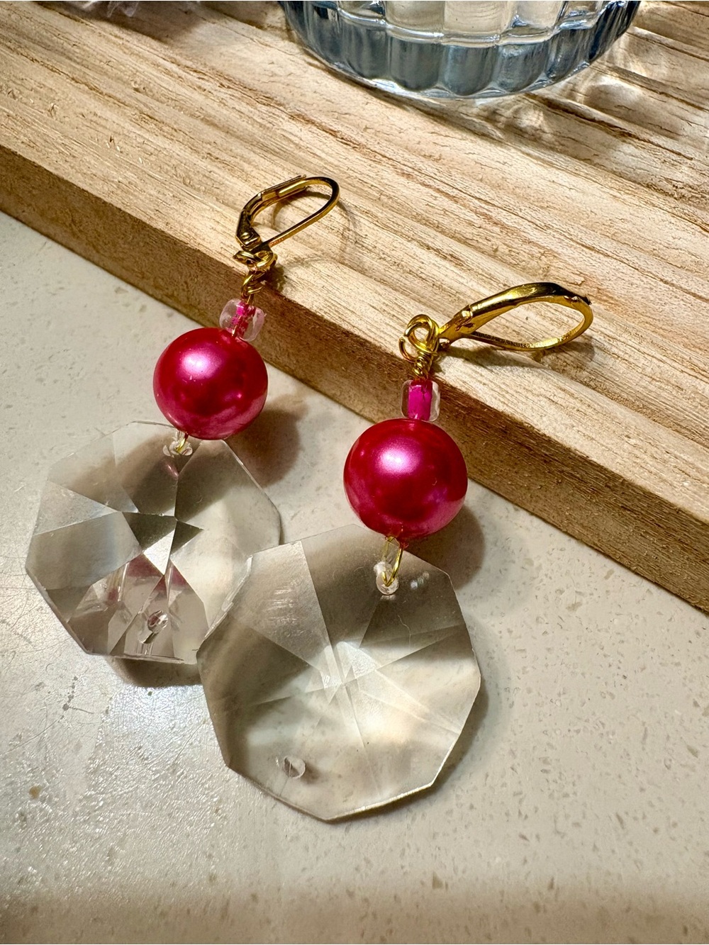Artisan Jewelry: Gold Leverback Earrings with Pink Pearl and Clear Crystal Drops